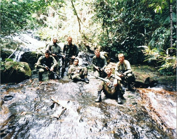 Shane Te Reo, Rongomai Hokianga, 'H' Huria, Mike Solomon, me, Andy Warren and Ken MacLeod, near Labis, Ex KIWI HARIMAU